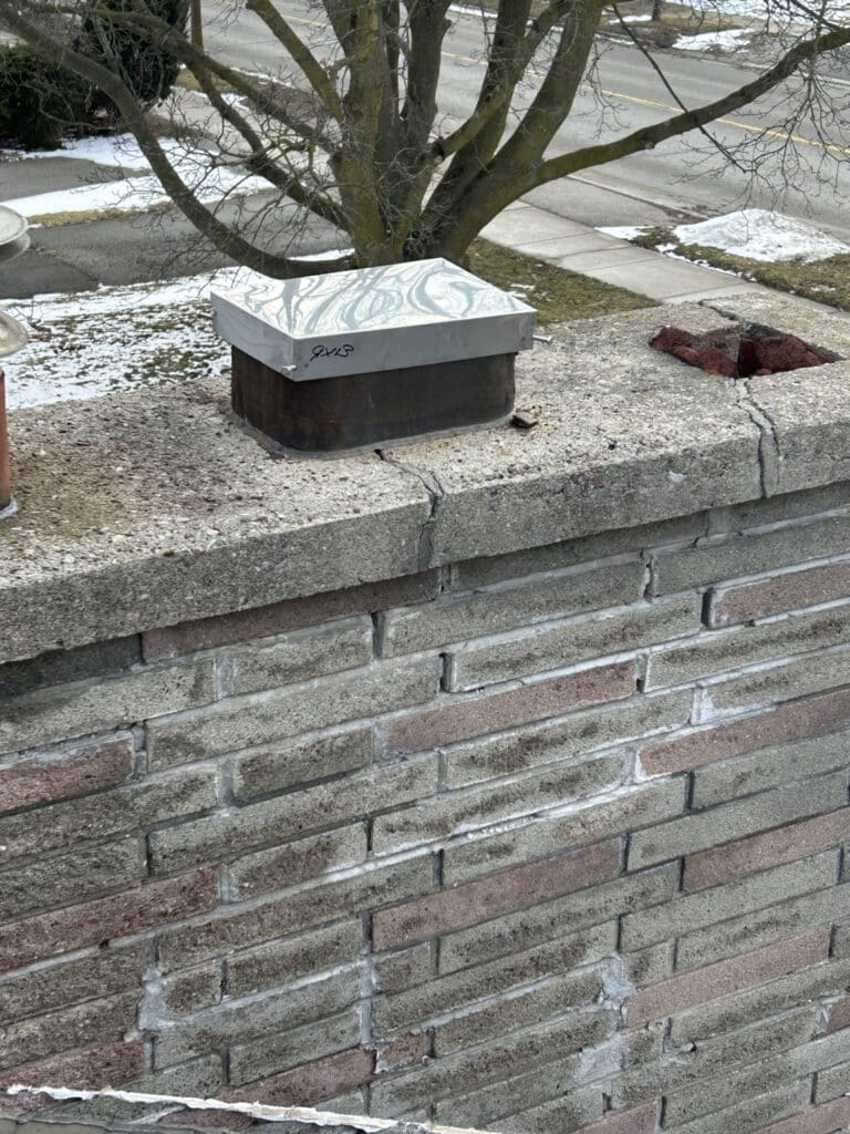 Cracked chimney crown showing deterioration found during WETT inspection in Caledon